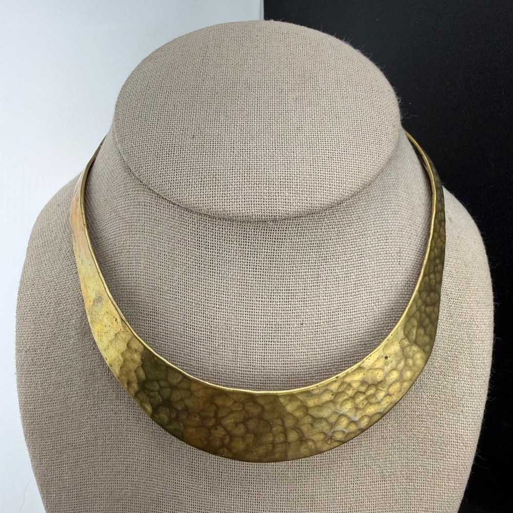 Vintage Hammered Brass Torque Necklace Choker 14"